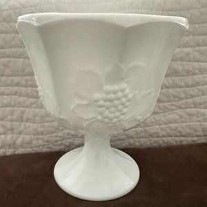 Indiana Glass Paneled Harvest Grape Footed Milk Glass Compote Candy Dish Bowl.